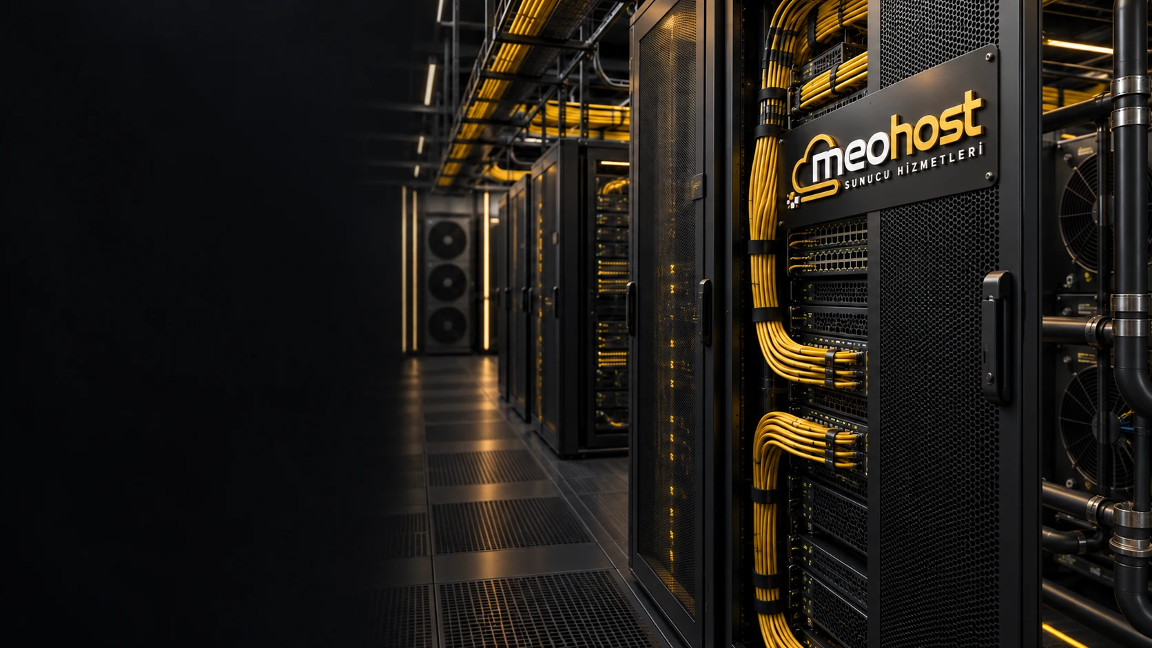 Kabartmalı MeoHost logolu veri merkezi altyapısı