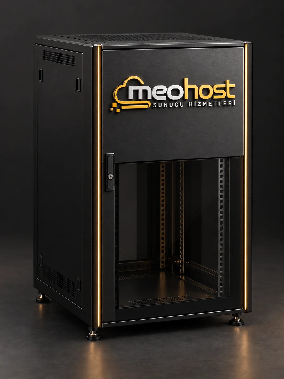 Üst yarısı kapalı, kabartmalı MeoHost tabelası bulunan 21U yarım kabin