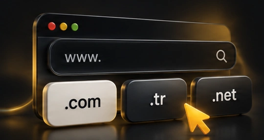 Altın çerçeveli tarayıcı, WWW arama alanı ve .com, .tr, .net uzantıları