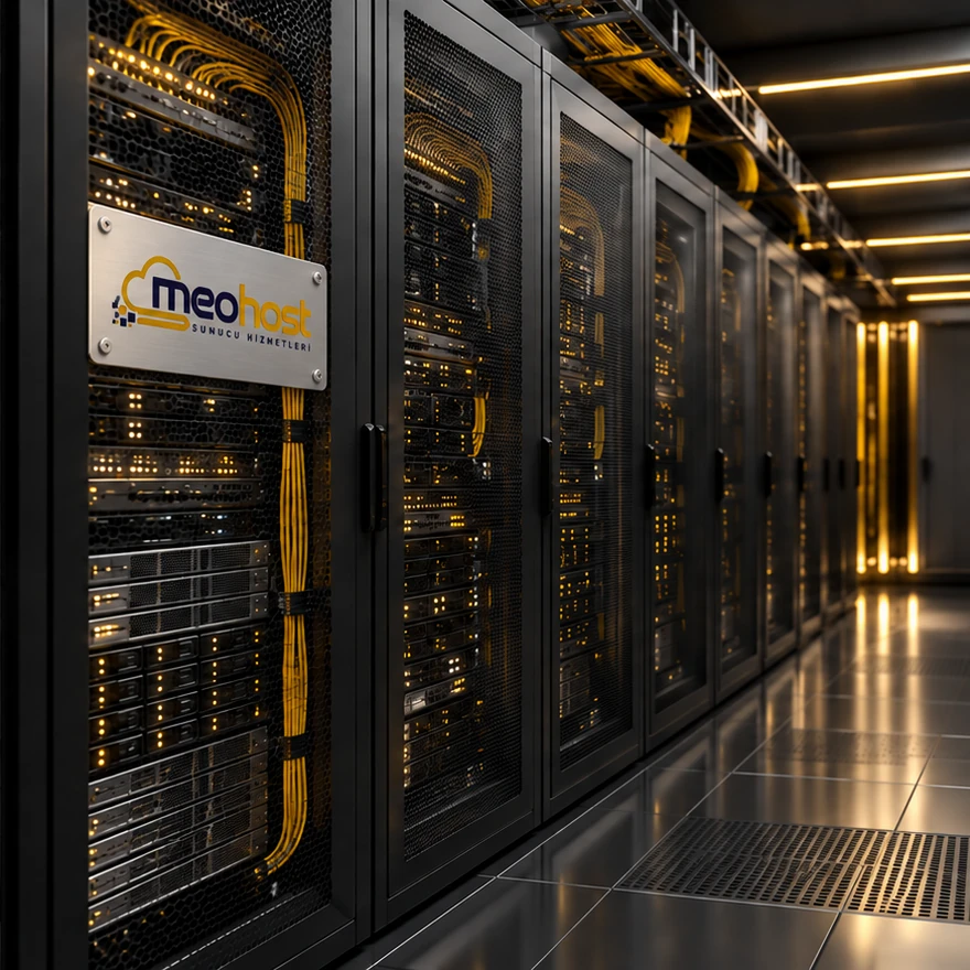 MeoHost amblemi işlenmiş kabinlerin bulunduğu veri merkezi