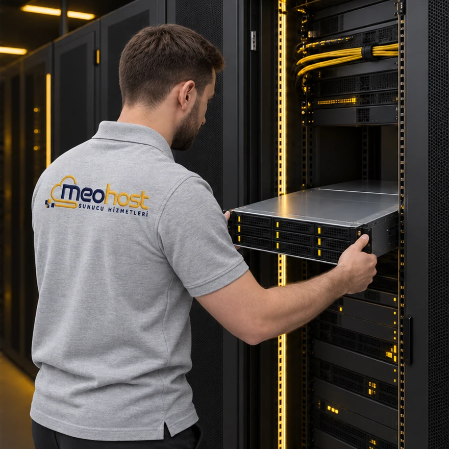 MeoHost teknik uzmanı sunucuyu kabin raylarına yerleştiriyor