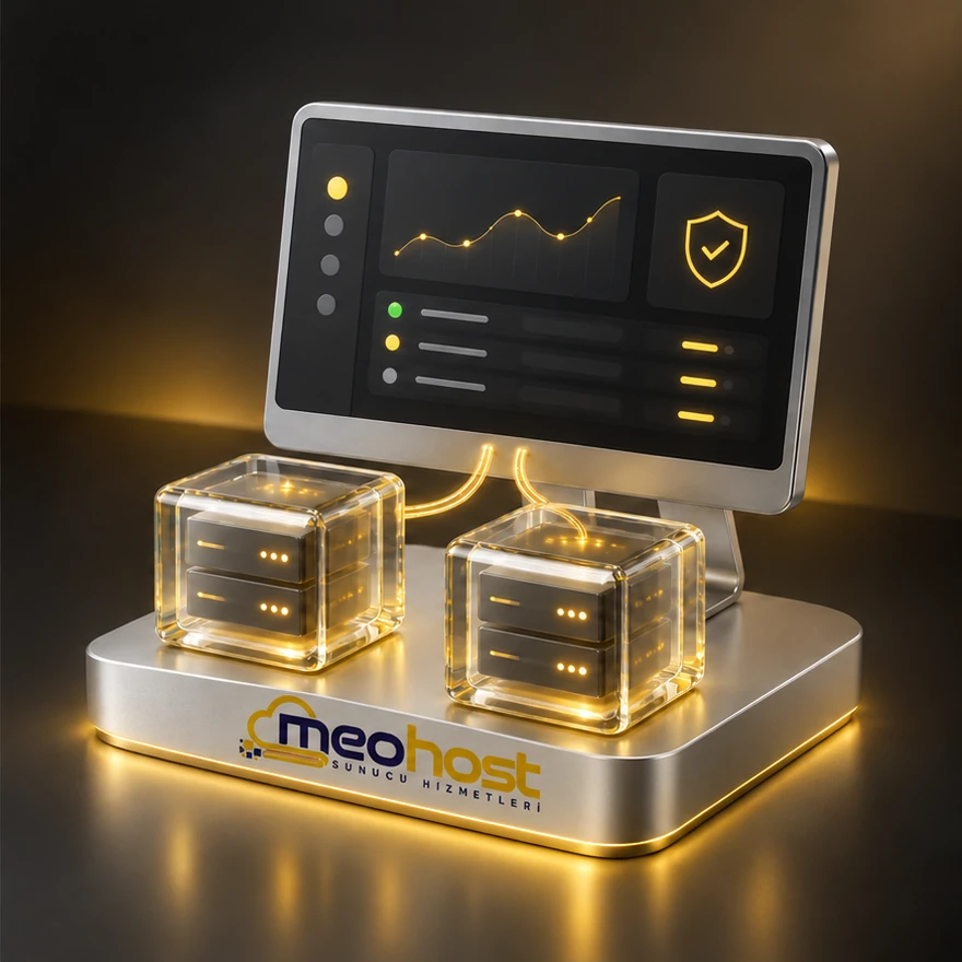 MeoHost logolu yönetim platformunda izleme ekranı ve yönetilen sanal birimler