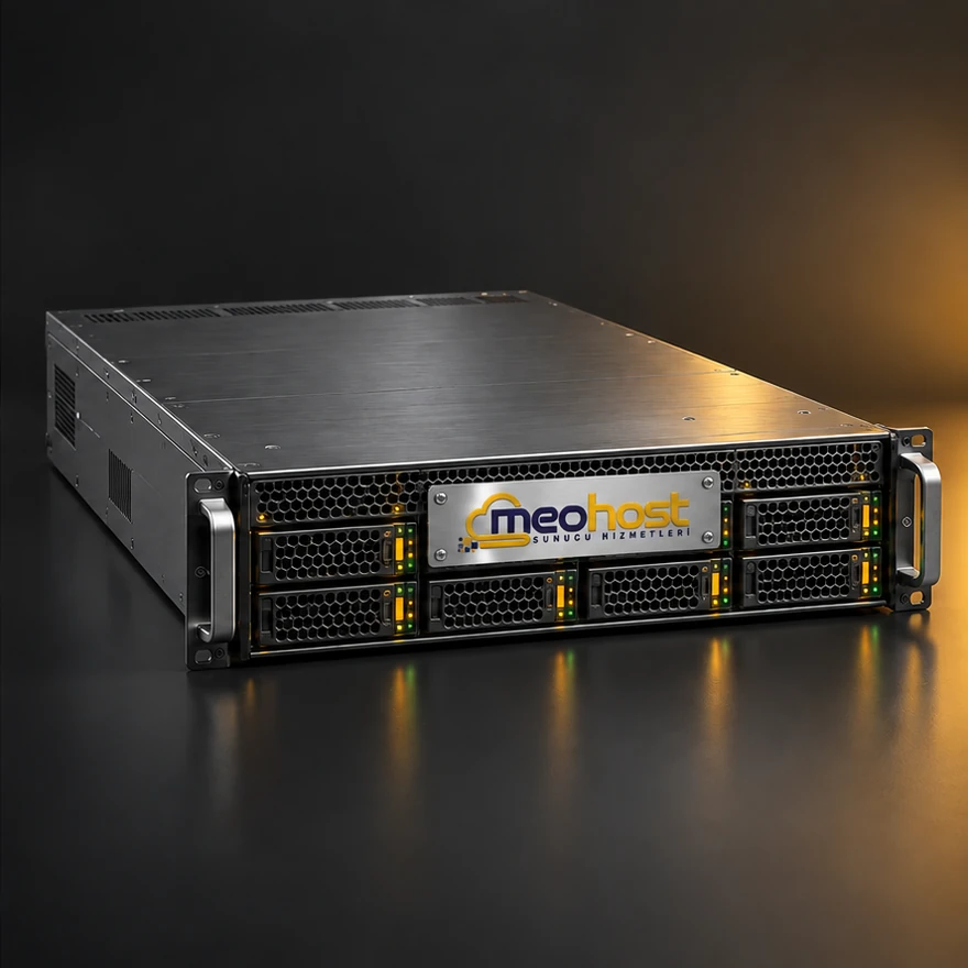 MeoHost logosu metal ön paneline işlenmiş, size ayrılmış fiziksel rack sunucu