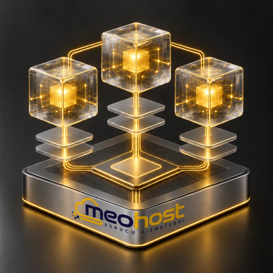 MeoHost logosu tabanına işlenmiş, bağımsız sanal makine küpleri ve kaynak katmanları
