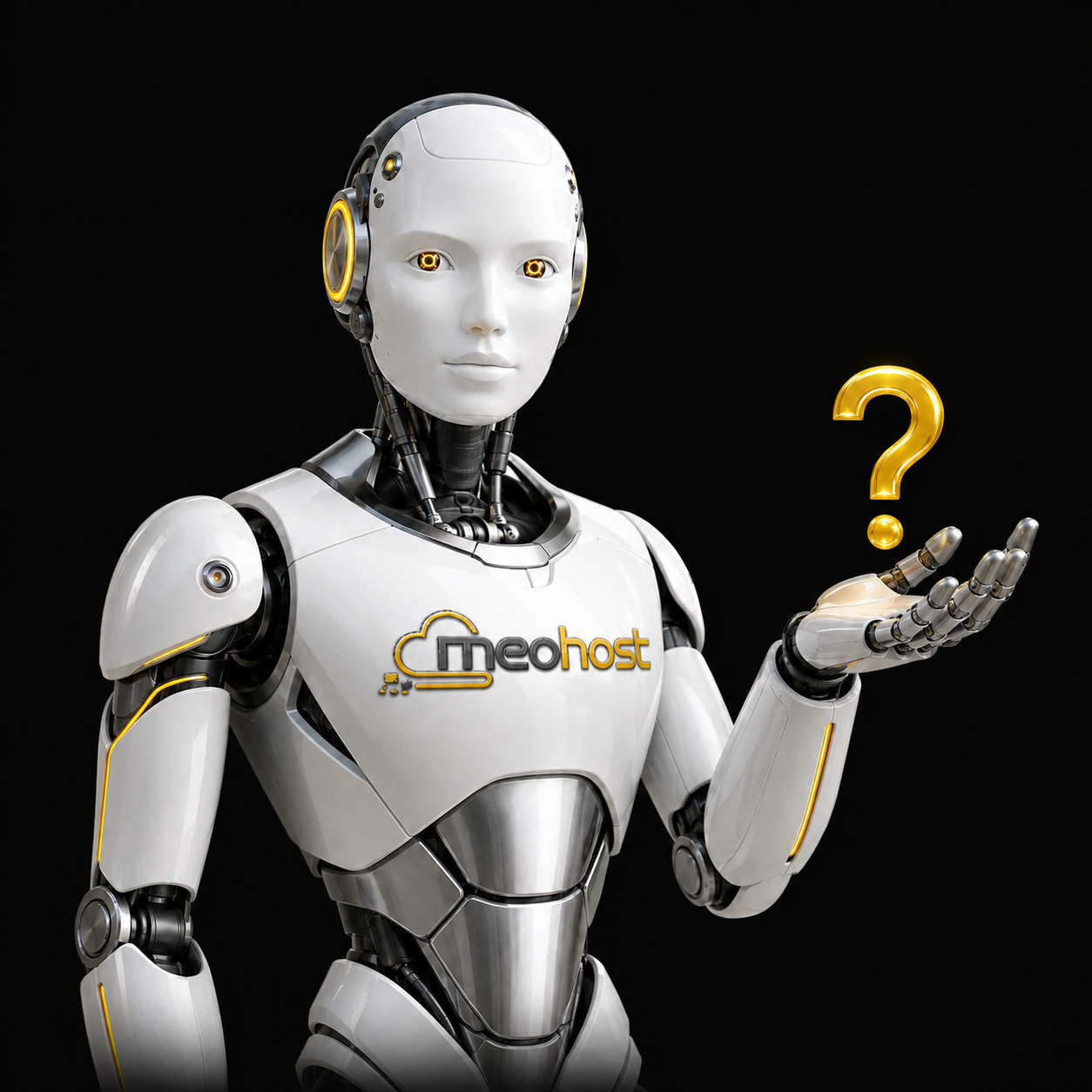 Göğsünde kabartmalı MeoHost logosu ve avucunda sarı soru işareti bulunan destek robotu