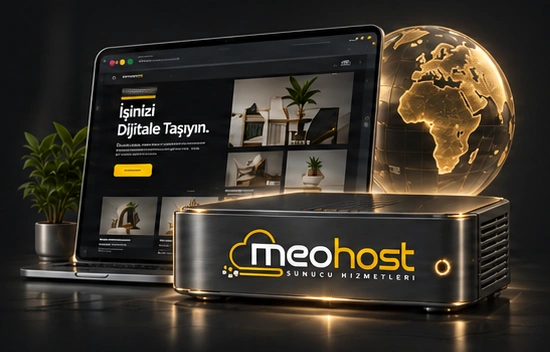 MeoHost logosu metal yüzeye işlenmiş hosting cihazı, web sitesi ve altın dünya küresi