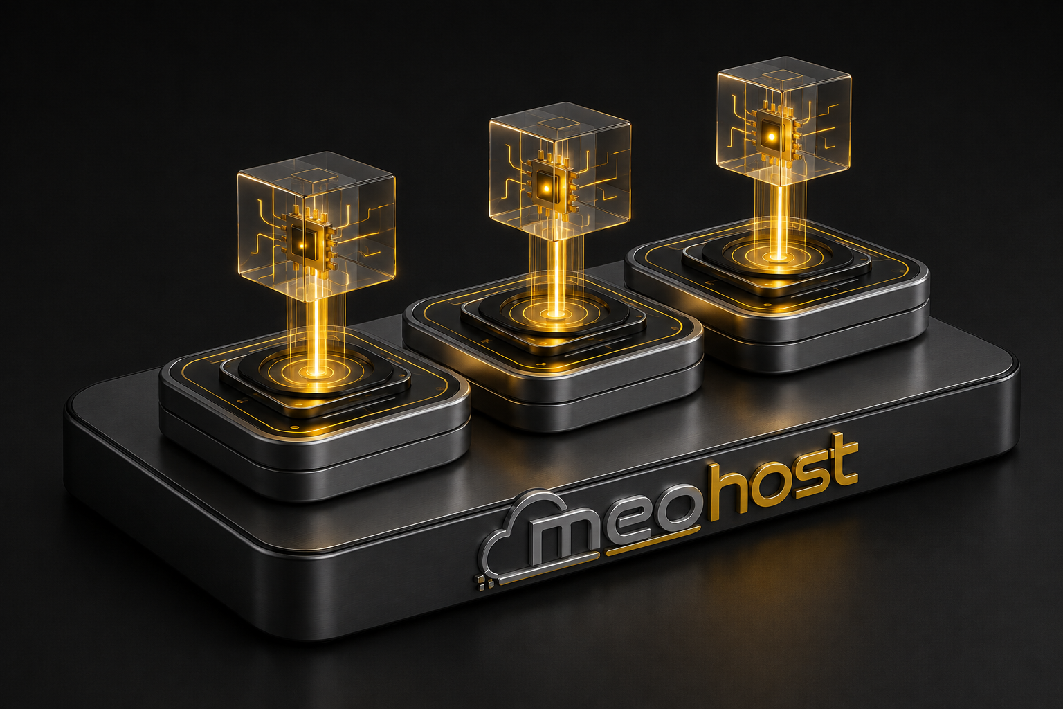 Orijinal MeoHost logolu platformda yükselen üç sanal makine